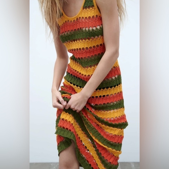 Zara Multi-coloured Striped Crochet Knit Midi Maxi Dress - Picture 1 of 14